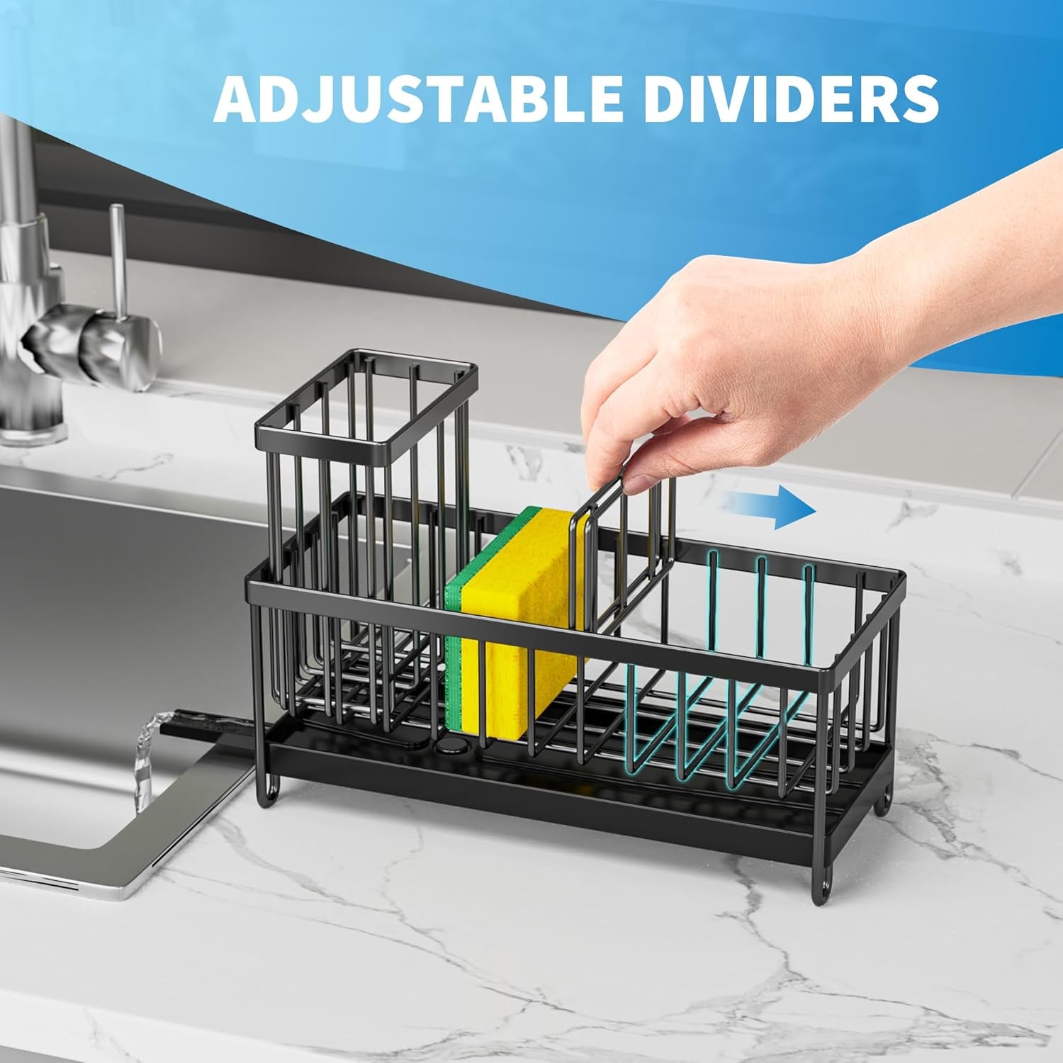 Black Stainless Steel Kitchen Sink Caddy – Rotatable Spout Sponge Holder with Brush Organizer & Soap Storage