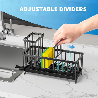Black Stainless Steel Kitchen Sink Caddy – Rotatable Spout Sponge Holder with Brush Organizer & Soap Storage