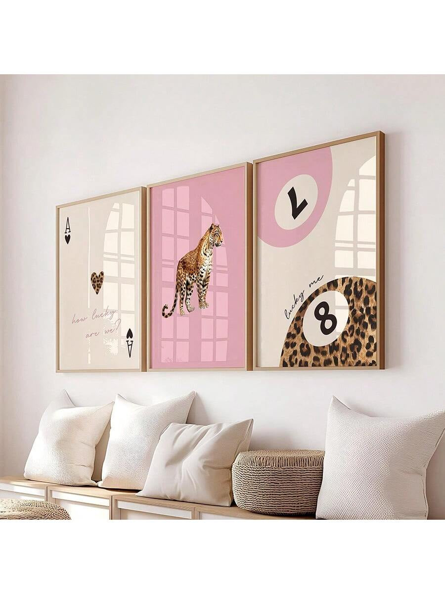 Preppy Leopard & Lucky 8 Ball Canvas Wall Art – Pink & Red Cheetah Prints (1/3Pcs, Unframed)
