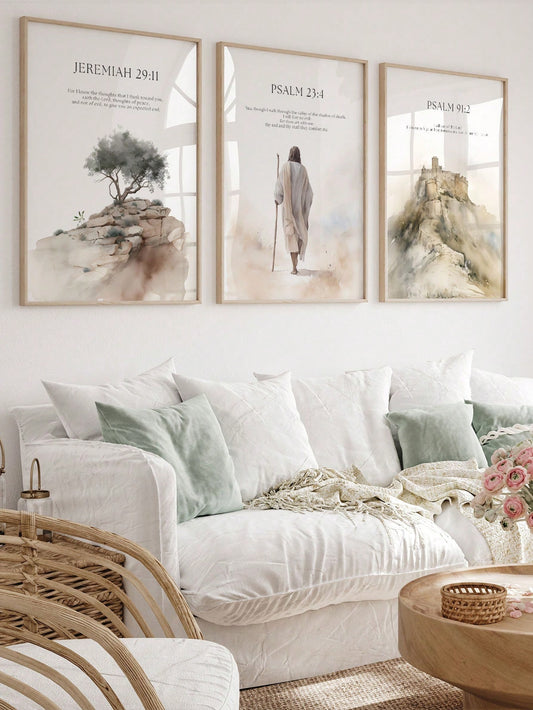 3-Piece Jesus & Nature Canvas Wall Art Set – Boho Christian Scripture Posters (No Frame, Beige)
