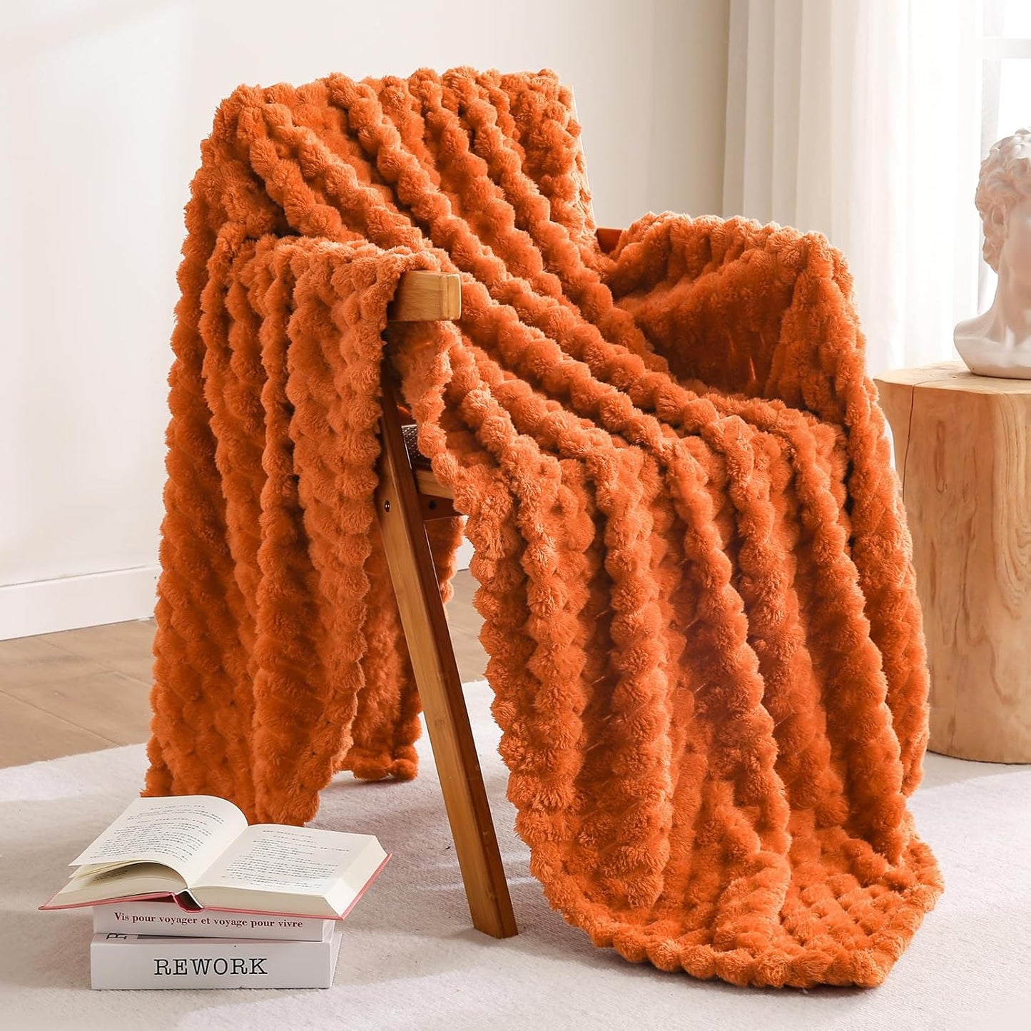 Flannel Fleece Throw Blanket(50X70 Inches), Big 3D Clouds Stylish Hexagon Jacquard Decorative Fuzzy Blankets for Household, Camping, and Travel, Super Soft Cozy, Burnt Orange
