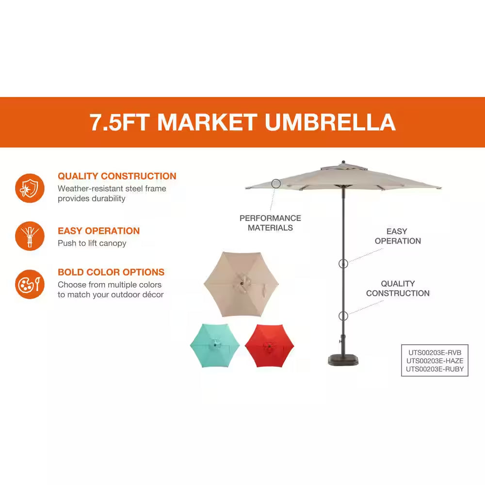 7.5 Ft. Ruby Red Steel Market Patio Umbrella – Vibrant Outdoor Shade with Manual Push-Up Lift