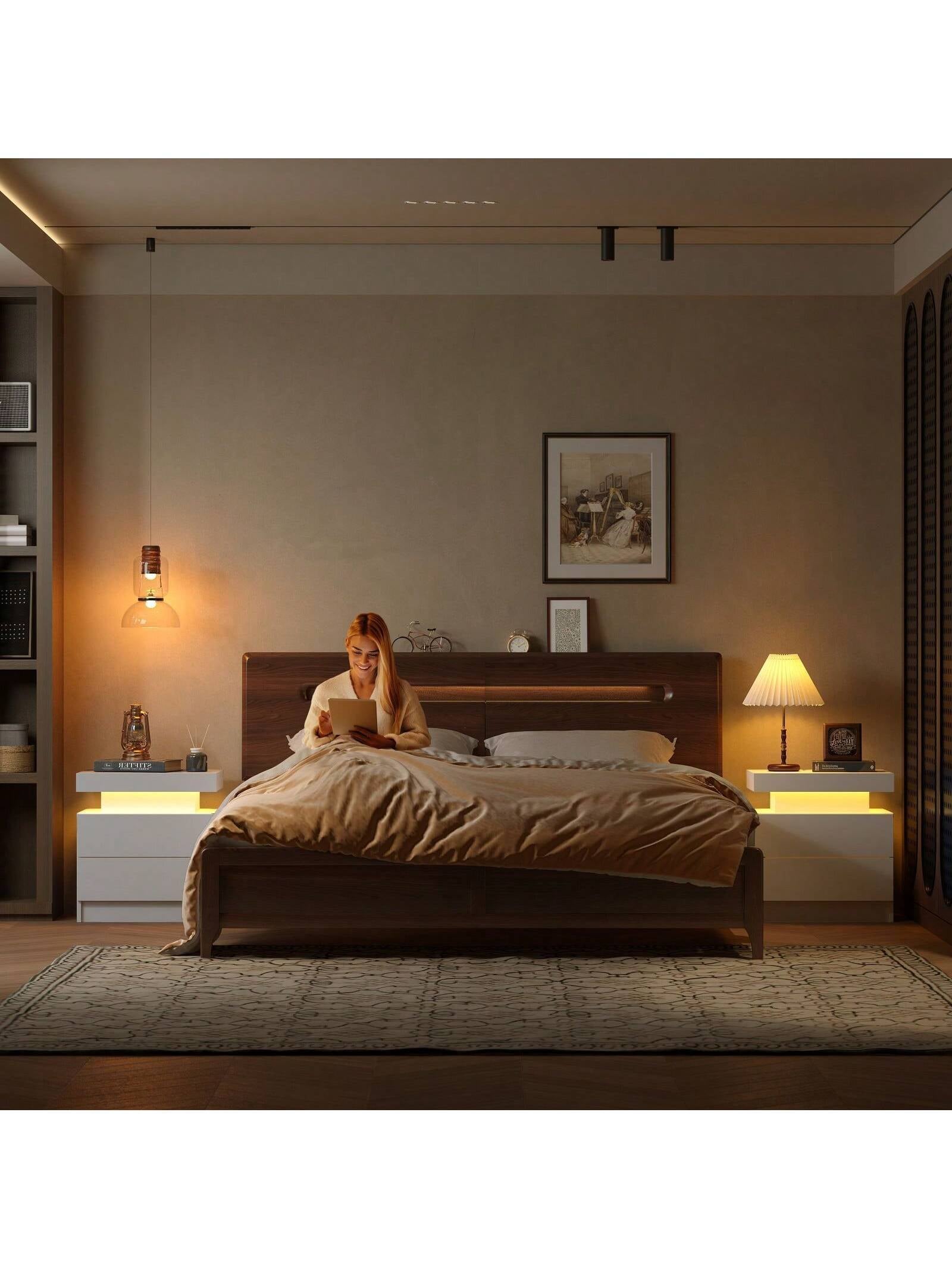 Modern LED Nightstand – White Bedside Table with 2 Wood Drawers for Bedroom or Living Room