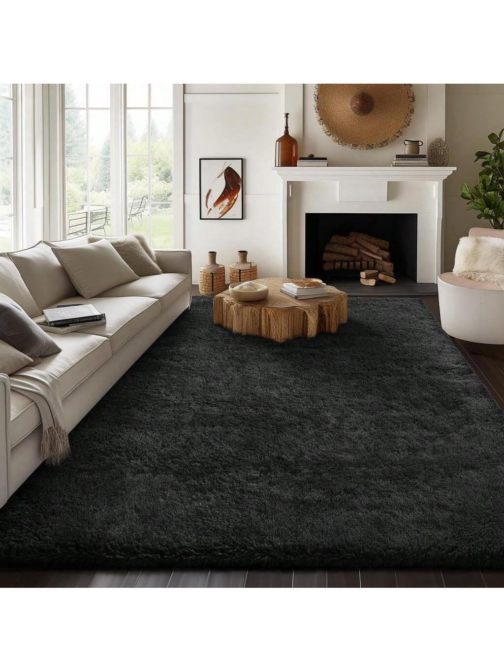 Black Fluffy Shag Rug – Soft Plush High-Pile Area Carpet for Bedroom, Living Room & Dorm Decor