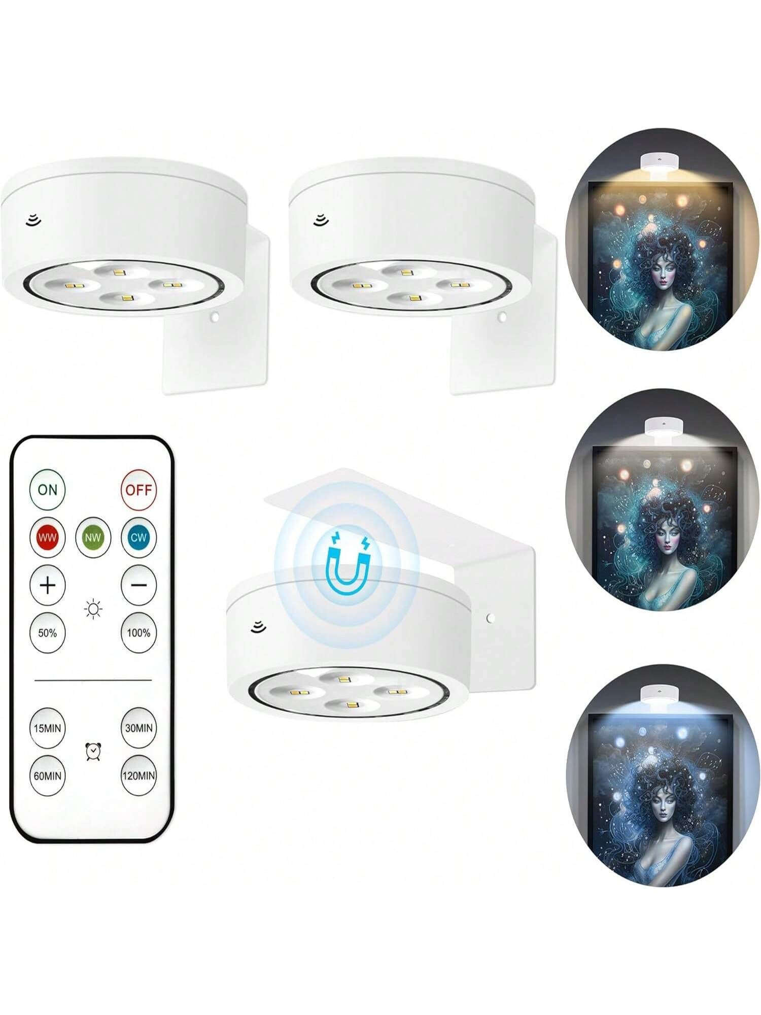 3Pcs Wireless LED Picture Lights – Battery Operated Art Display Lights with Remote, Dimmable & Timer Functions
