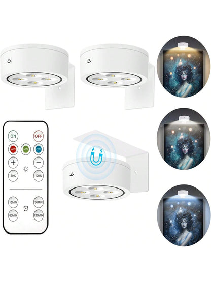 3Pcs Wireless LED Picture Lights – Battery Operated Art Display Lights with Remote, Dimmable & Timer Functions
