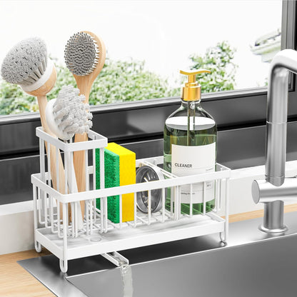 Black Stainless Steel Kitchen Sink Caddy – Rotatable Spout Sponge Holder with Brush Organizer & Soap Storage