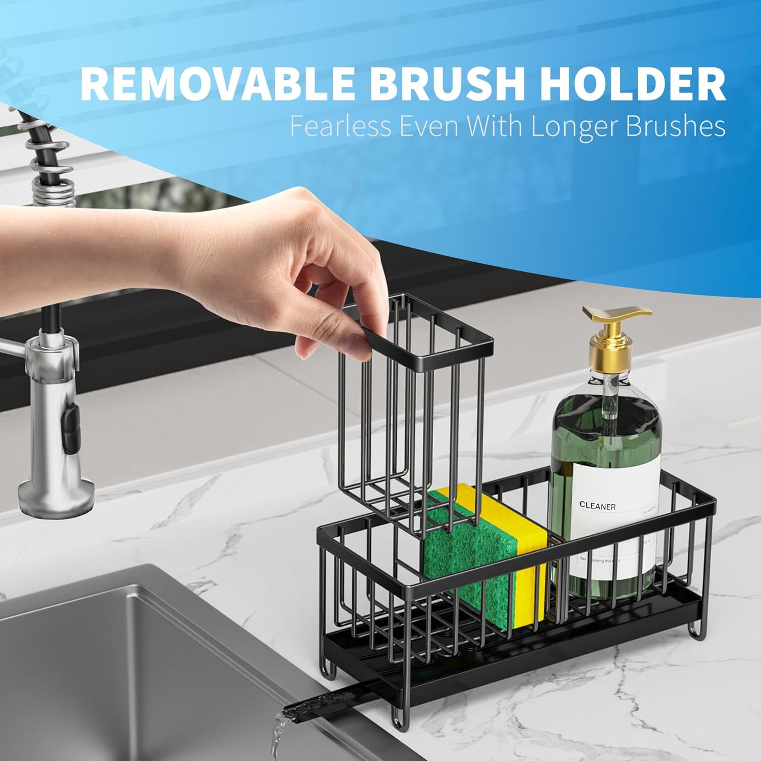 Black Stainless Steel Kitchen Sink Caddy – Rotatable Spout Sponge Holder with Brush Organizer & Soap Storage