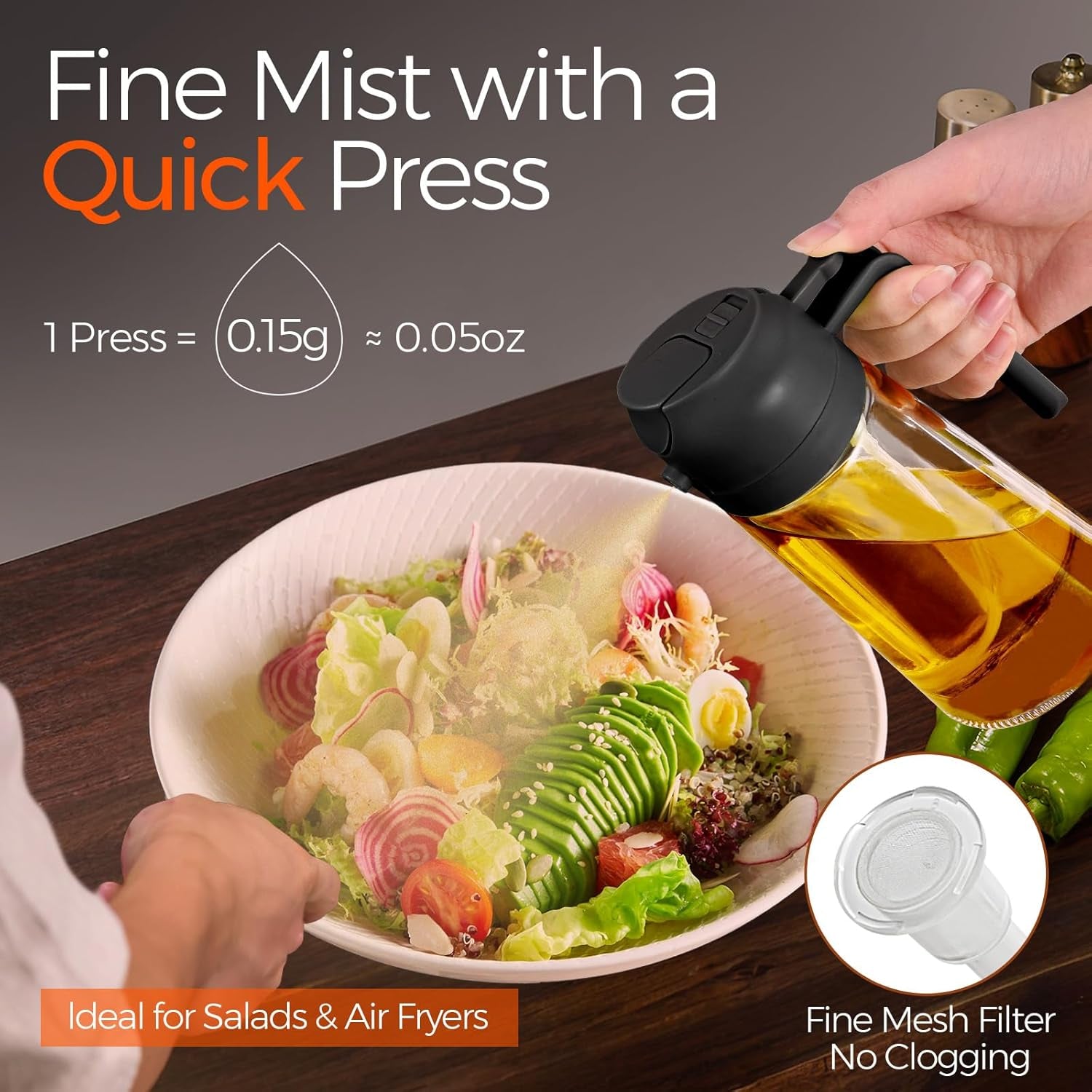 2-in-1 Olive Oil Dispenser & Sprayer – 16oz Glass Bottle for Cooking, Salad, BBQ (Black)