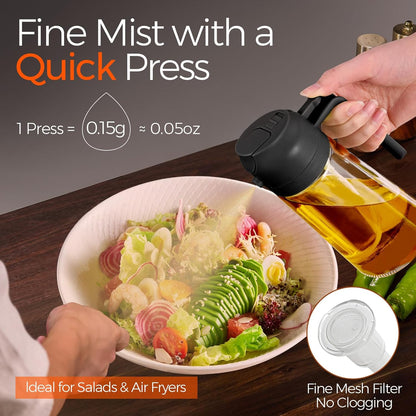 2-in-1 Olive Oil Dispenser & Sprayer – 16oz Glass Bottle for Cooking, Salad, BBQ (Black)