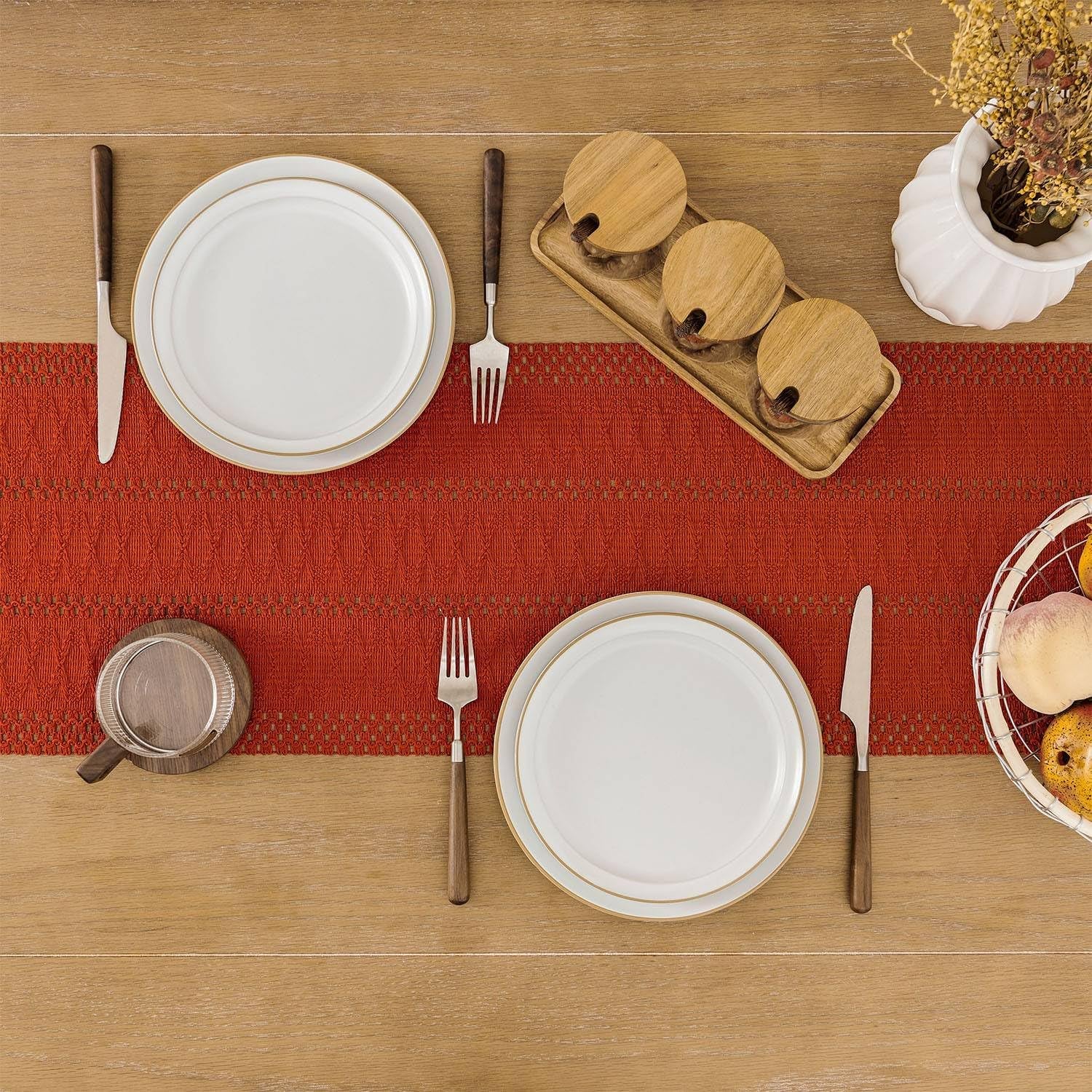 Macrame Style Boho Table Runner – Burnt Ochre (12x48”), Farmhouse Woven Fall Decor with Fringed Edges