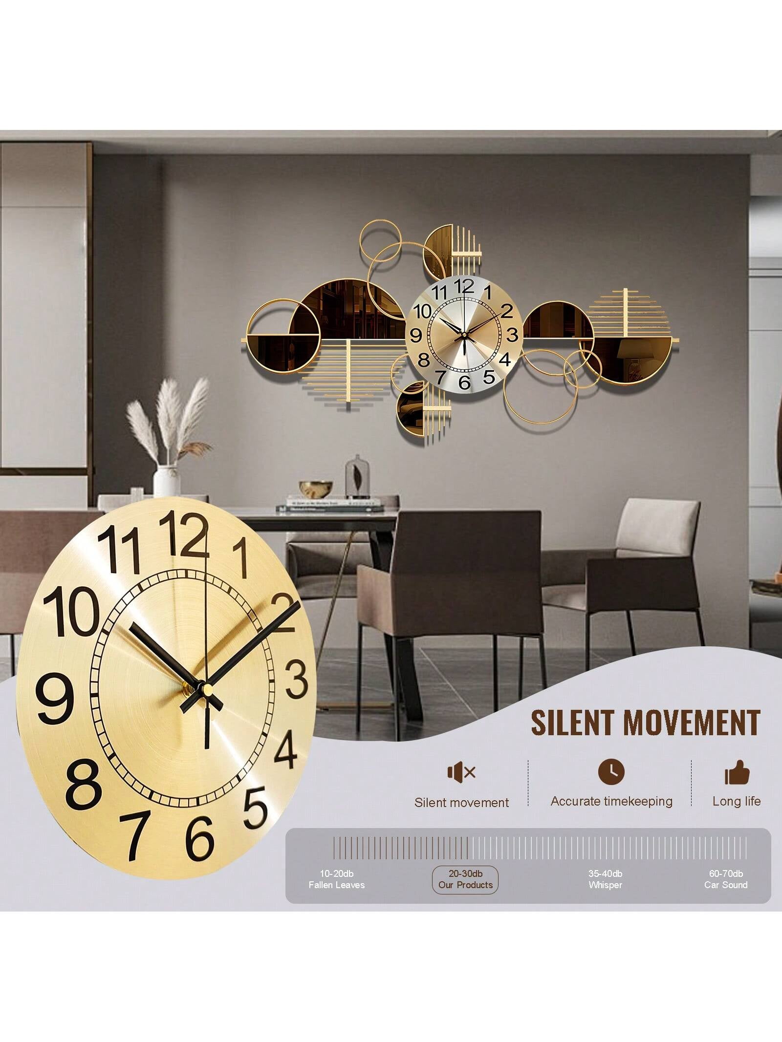 3D Metal Wall Art Clock – Silent Non-Ticking Decorative Wall Clock for Living Room & Bedroom, 34" x 17" (Coffee Brown)