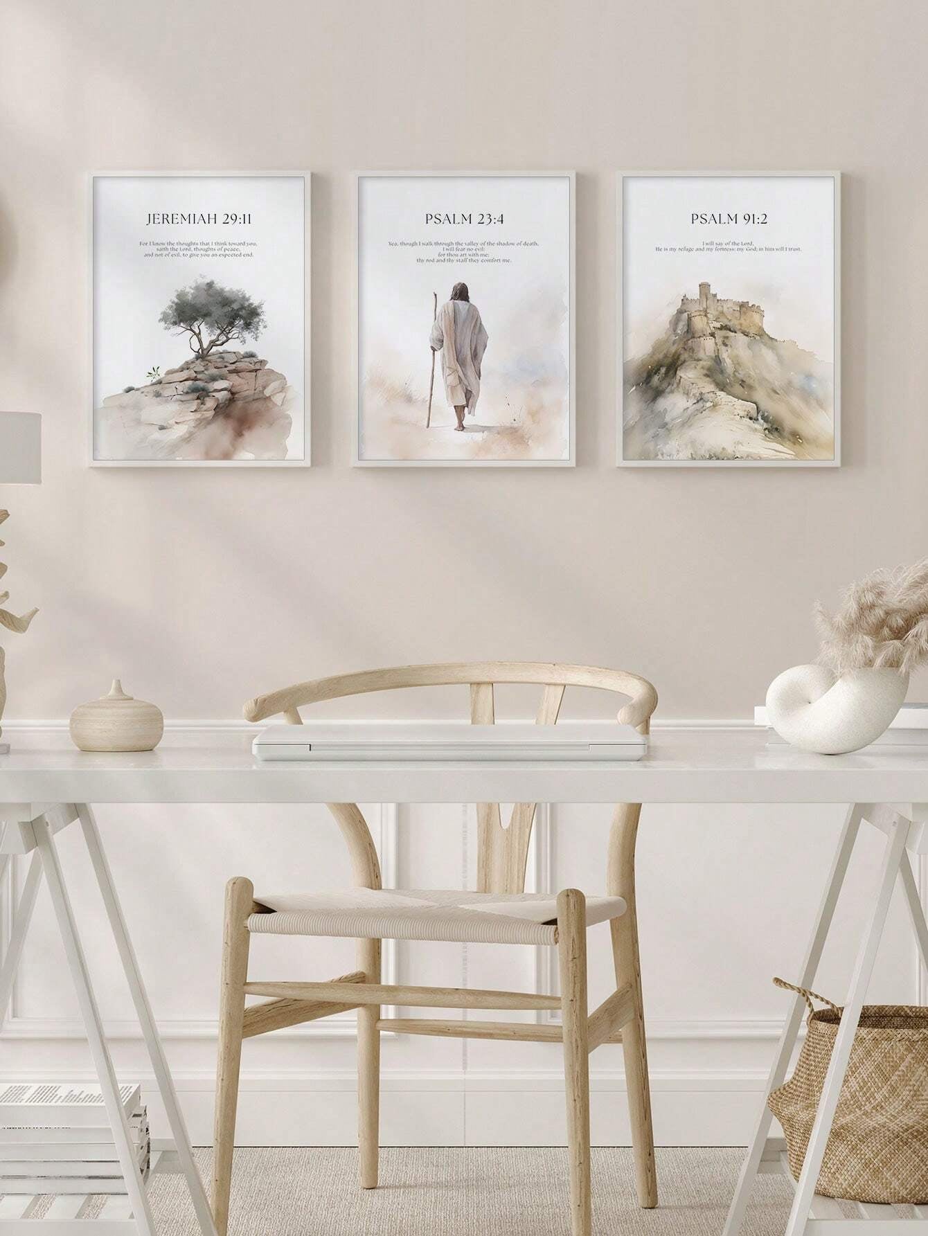 3-Piece Jesus & Nature Canvas Wall Art Set – Boho Christian Scripture Posters (No Frame, Beige)