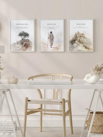 3-Piece Jesus & Nature Canvas Wall Art Set – Boho Christian Scripture Posters (No Frame, Beige)