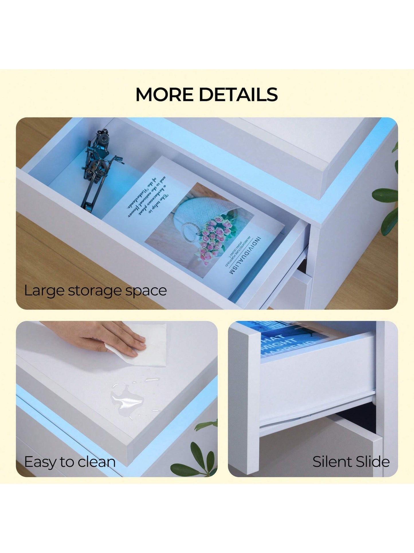 Modern LED Nightstand – White Bedside Table with 2 Wood Drawers for Bedroom or Living Room