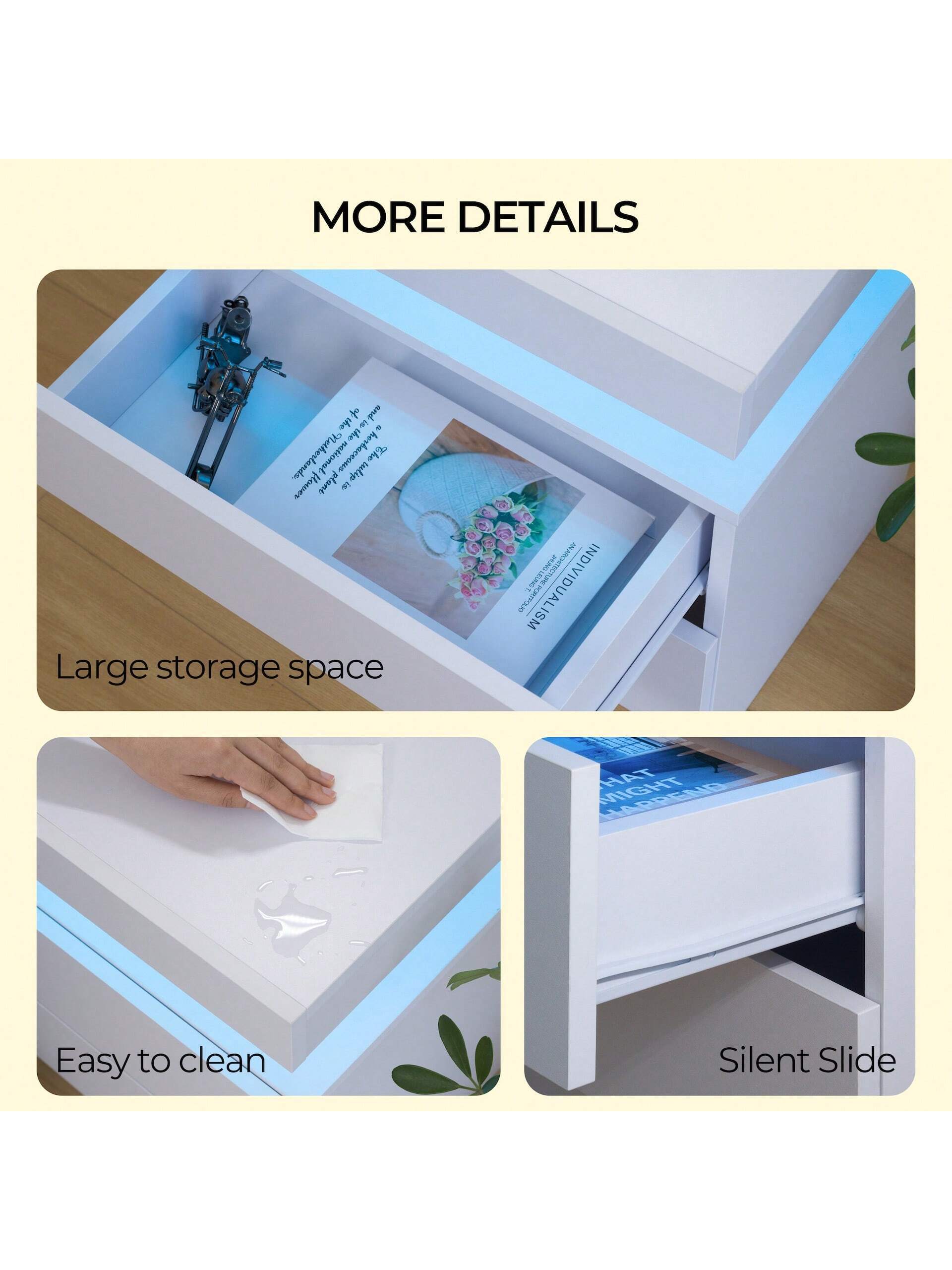 Modern LED Nightstand – White Bedside Table with 2 Wood Drawers for Bedroom or Living Room