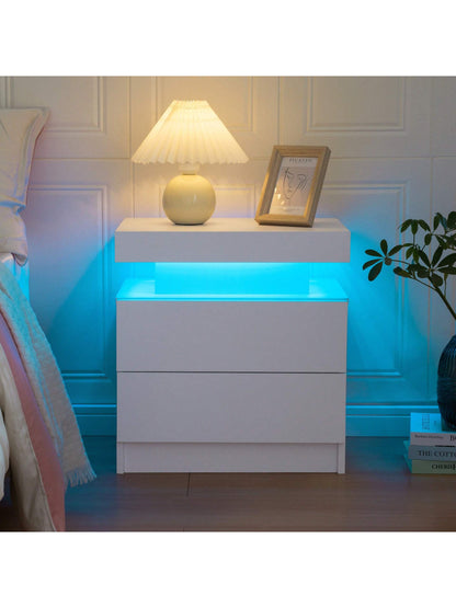 Modern LED Nightstand – White Bedside Table with 2 Wood Drawers for Bedroom or Living Room