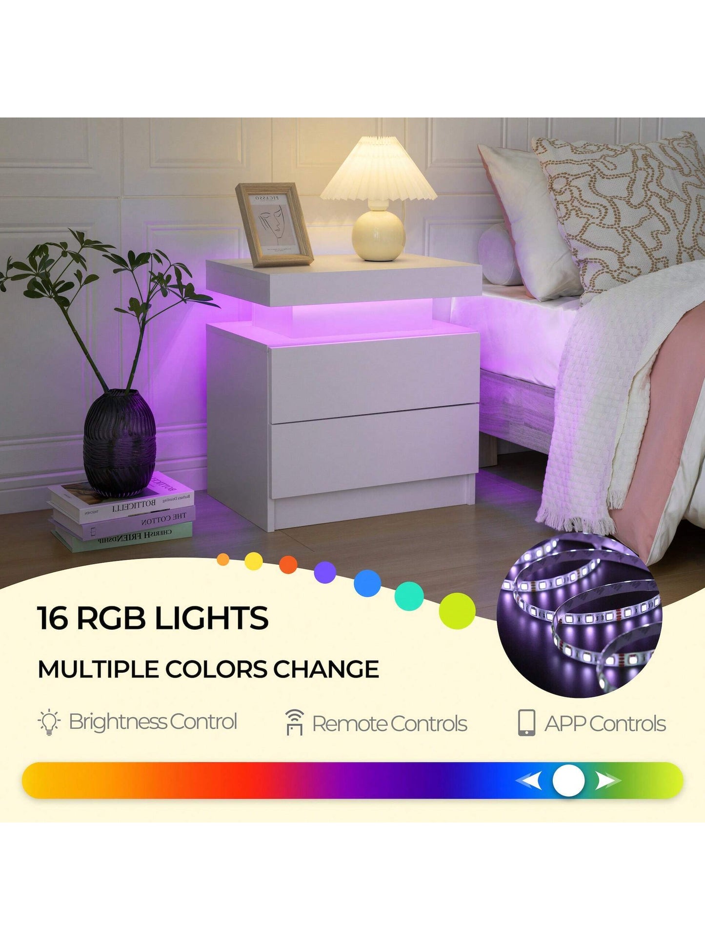 Modern LED Nightstand – White Bedside Table with 2 Wood Drawers for Bedroom or Living Room