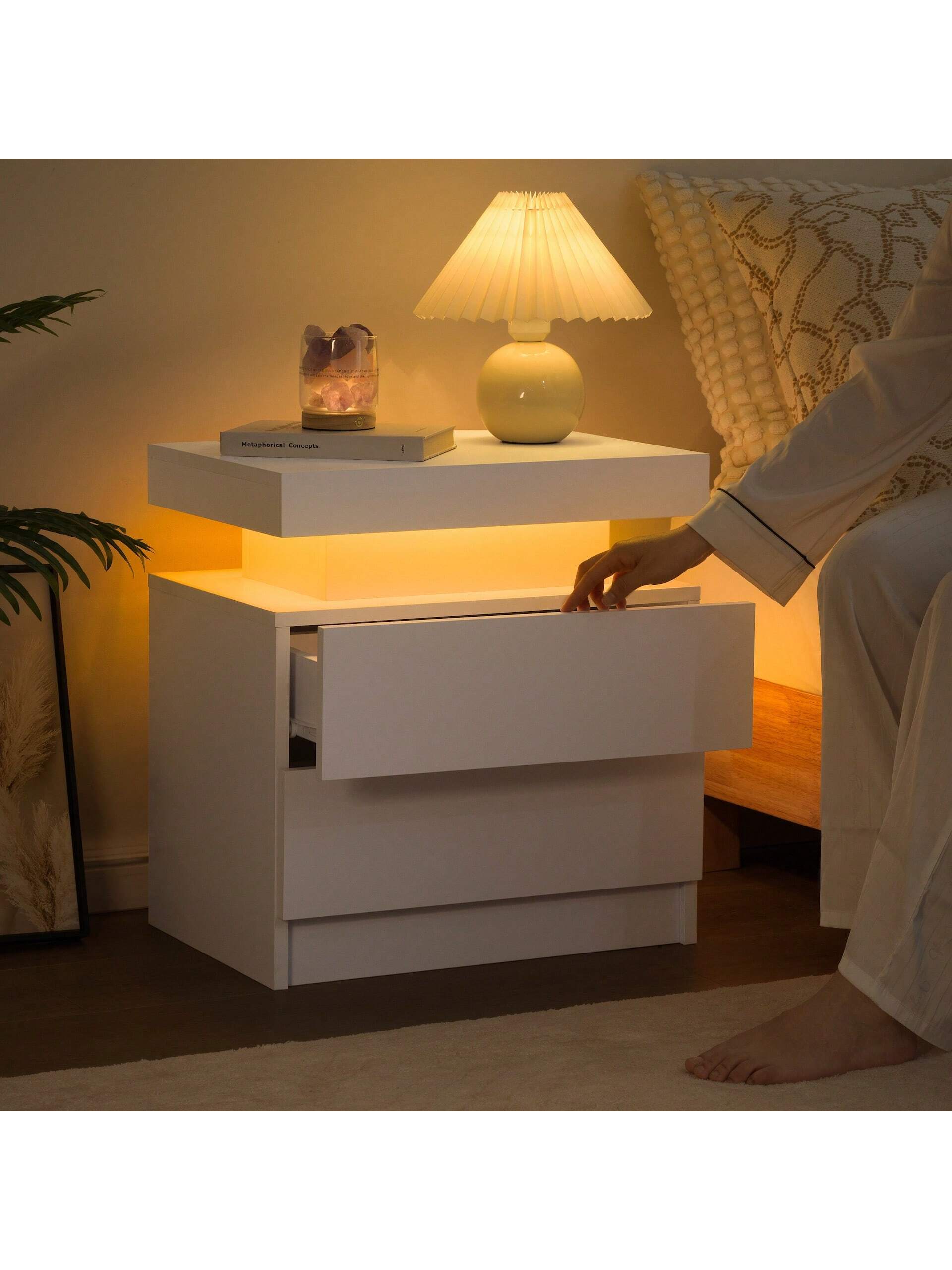 Modern LED Nightstand – White Bedside Table with 2 Wood Drawers for Bedroom or Living Room