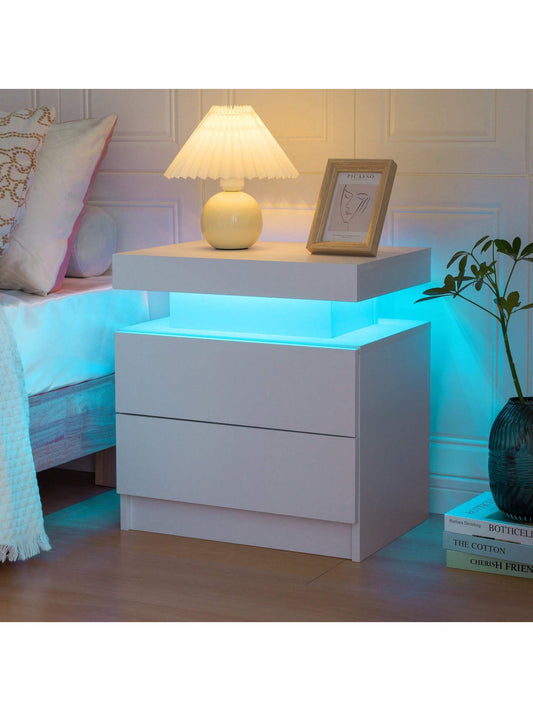 Modern LED Nightstand – White Bedside Table with 2 Wood Drawers for Bedroom or Living Room