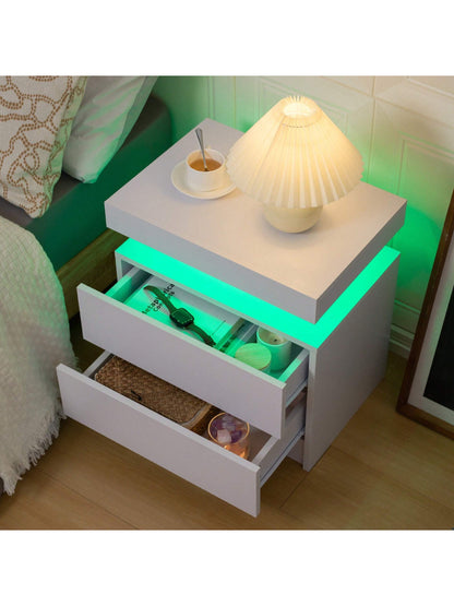Modern LED Nightstand – White Bedside Table with 2 Wood Drawers for Bedroom or Living Room