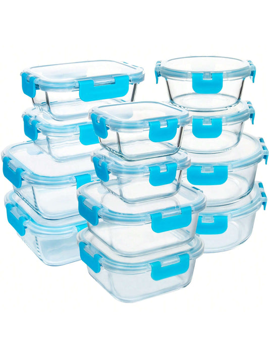24-Piece High Borosilicate Glass Meal Prep Containers with Steam Vent – Airtight Food Storage Set with Lids (Blue)
