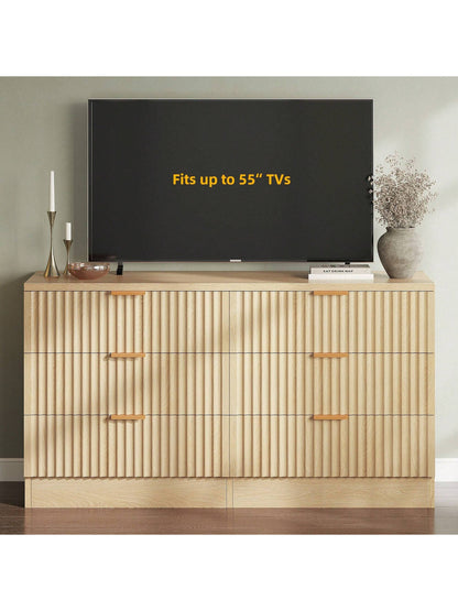 Sturdum Oak 6-Drawers Dressers Chest of Dresser with Waveform Panel, Wooden Closet Dressers Organizer for Home Decor, Bedroom, Living Room, Entryway