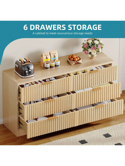 Sturdum Oak 6-Drawers Dressers Chest of Dresser with Waveform Panel, Wooden Closet Dressers Organizer for Home Decor, Bedroom, Living Room, Entryway