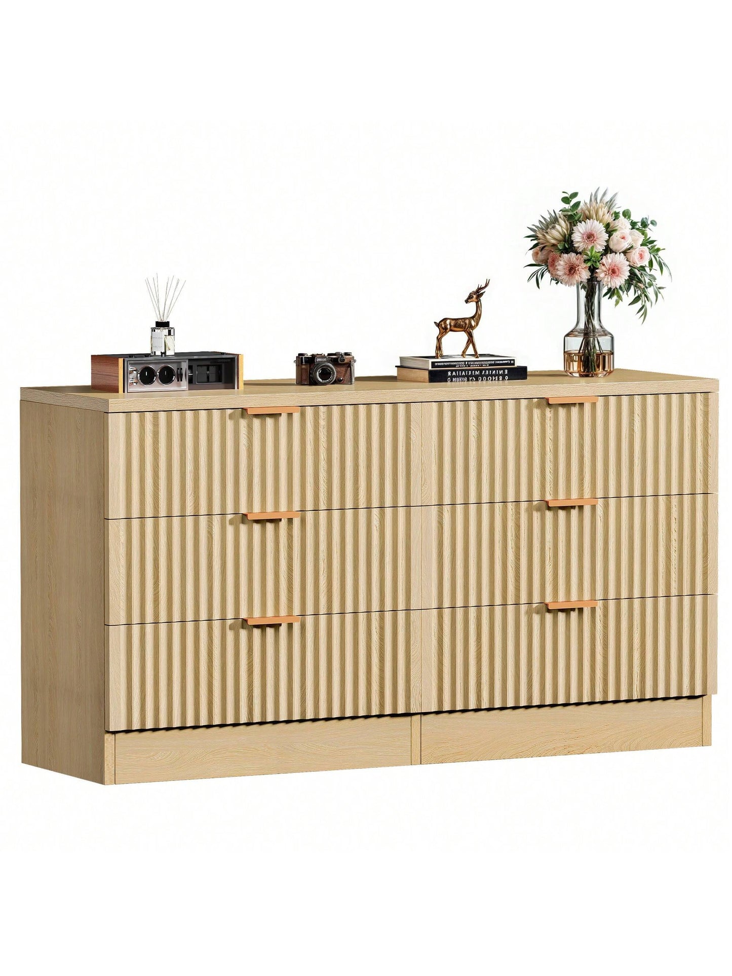 Sturdum Oak 6-Drawers Dressers Chest of Dresser with Waveform Panel, Wooden Closet Dressers Organizer for Home Decor, Bedroom, Living Room, Entryway