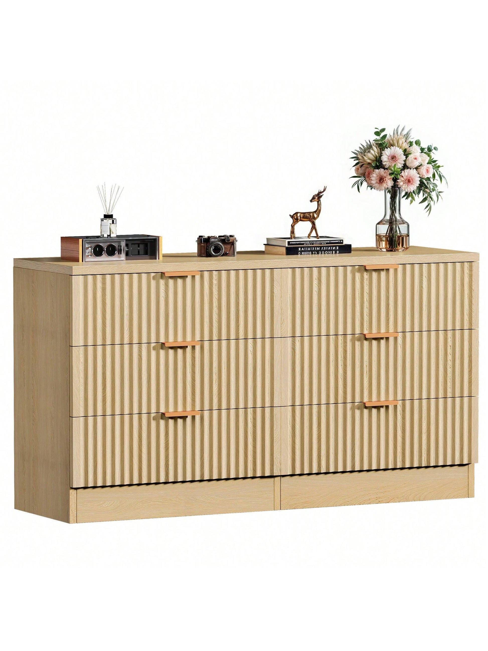 Sturdum Oak 6-Drawers Dressers Chest of Dresser with Waveform Panel, Wooden Closet Dressers Organizer for Home Decor, Bedroom, Living Room, Entryway