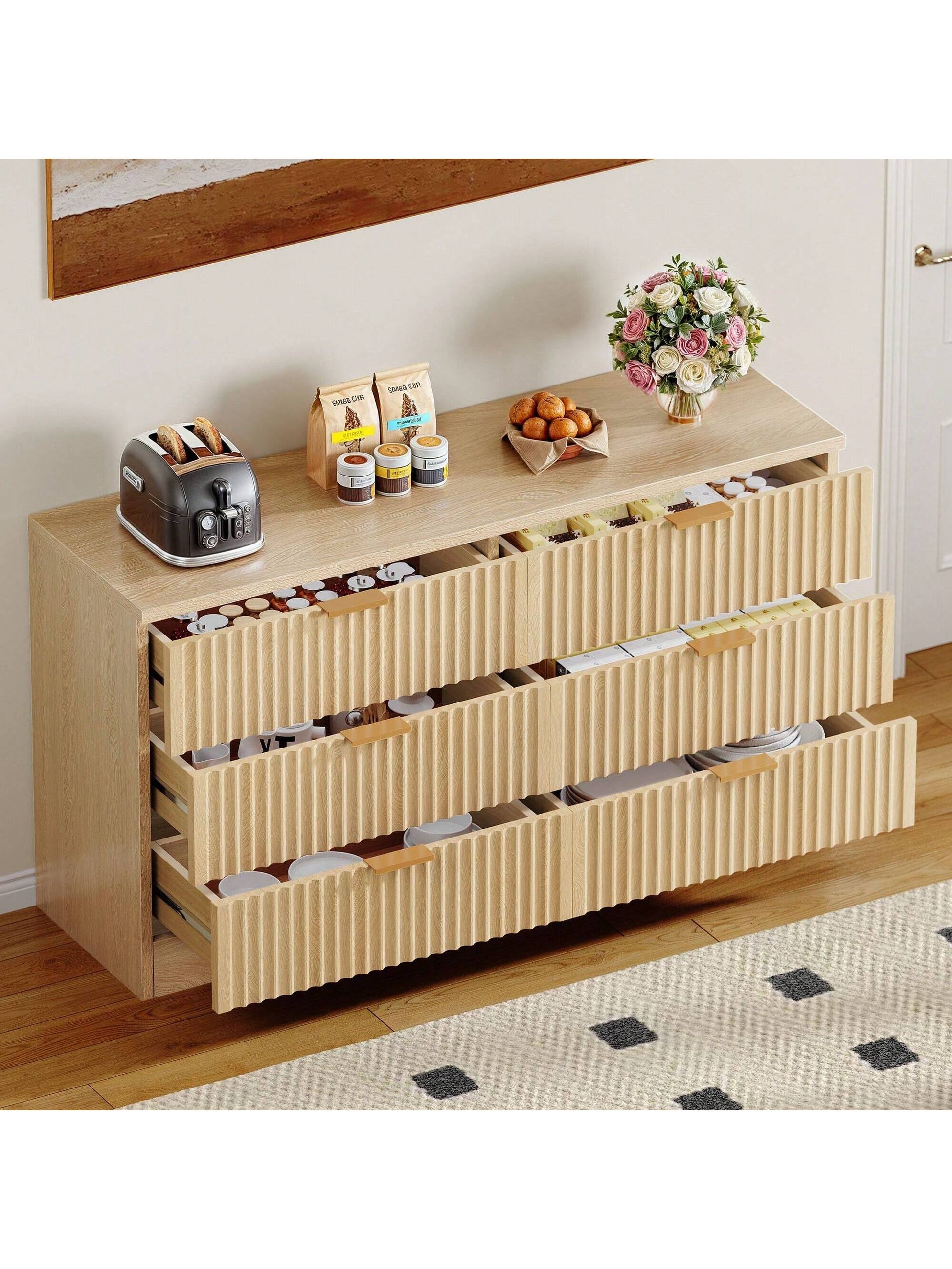 Sturdum Oak 6-Drawers Dressers Chest of Dresser with Waveform Panel, Wooden Closet Dressers Organizer for Home Decor, Bedroom, Living Room, Entryway