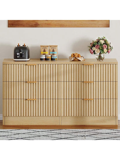 Sturdum Oak 6-Drawers Dressers Chest of Dresser with Waveform Panel, Wooden Closet Dressers Organizer for Home Decor, Bedroom, Living Room, Entryway