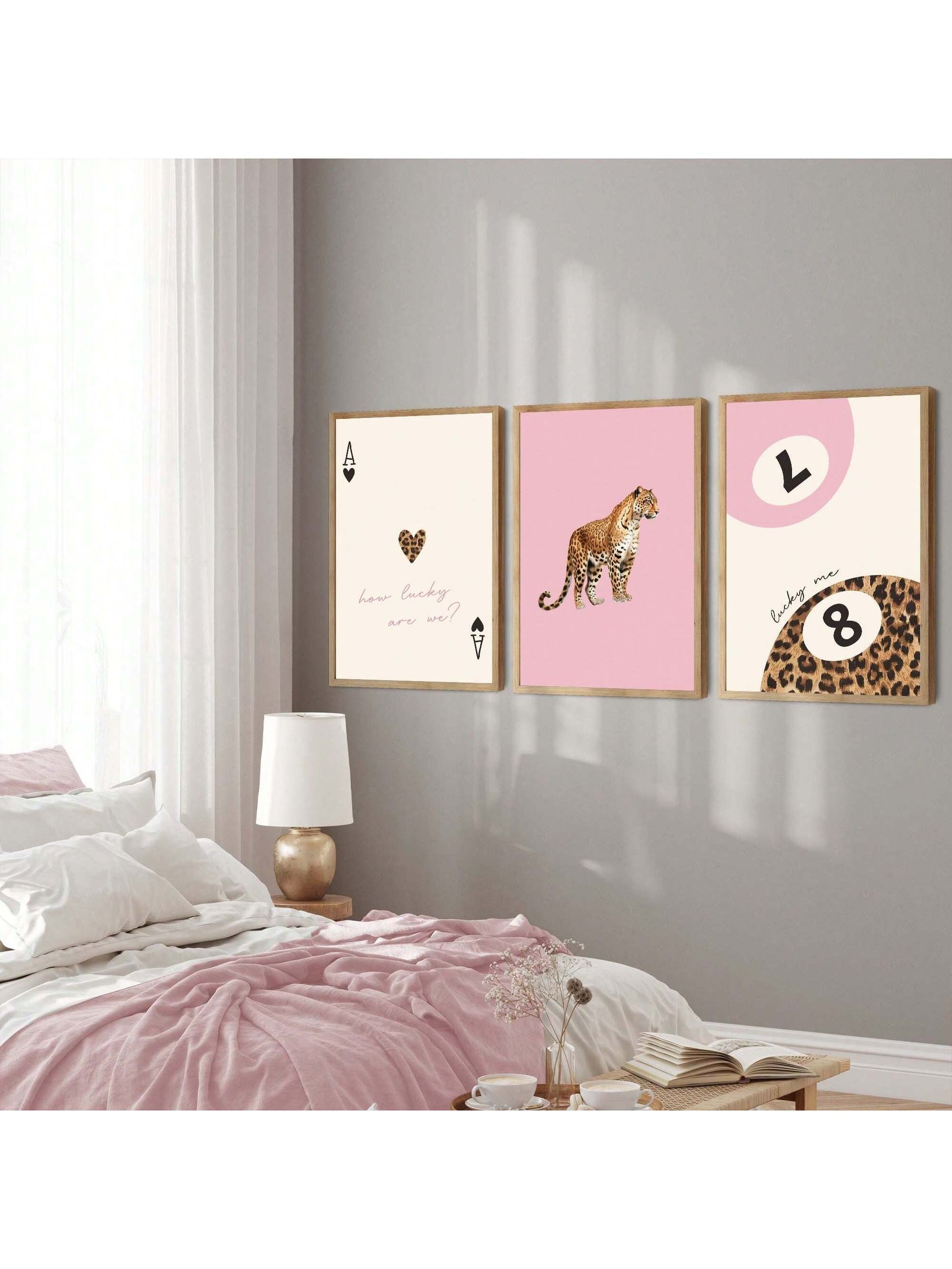 Preppy Leopard & Lucky 8 Ball Canvas Wall Art – Pink & Red Cheetah Prints (1/3Pcs, Unframed)