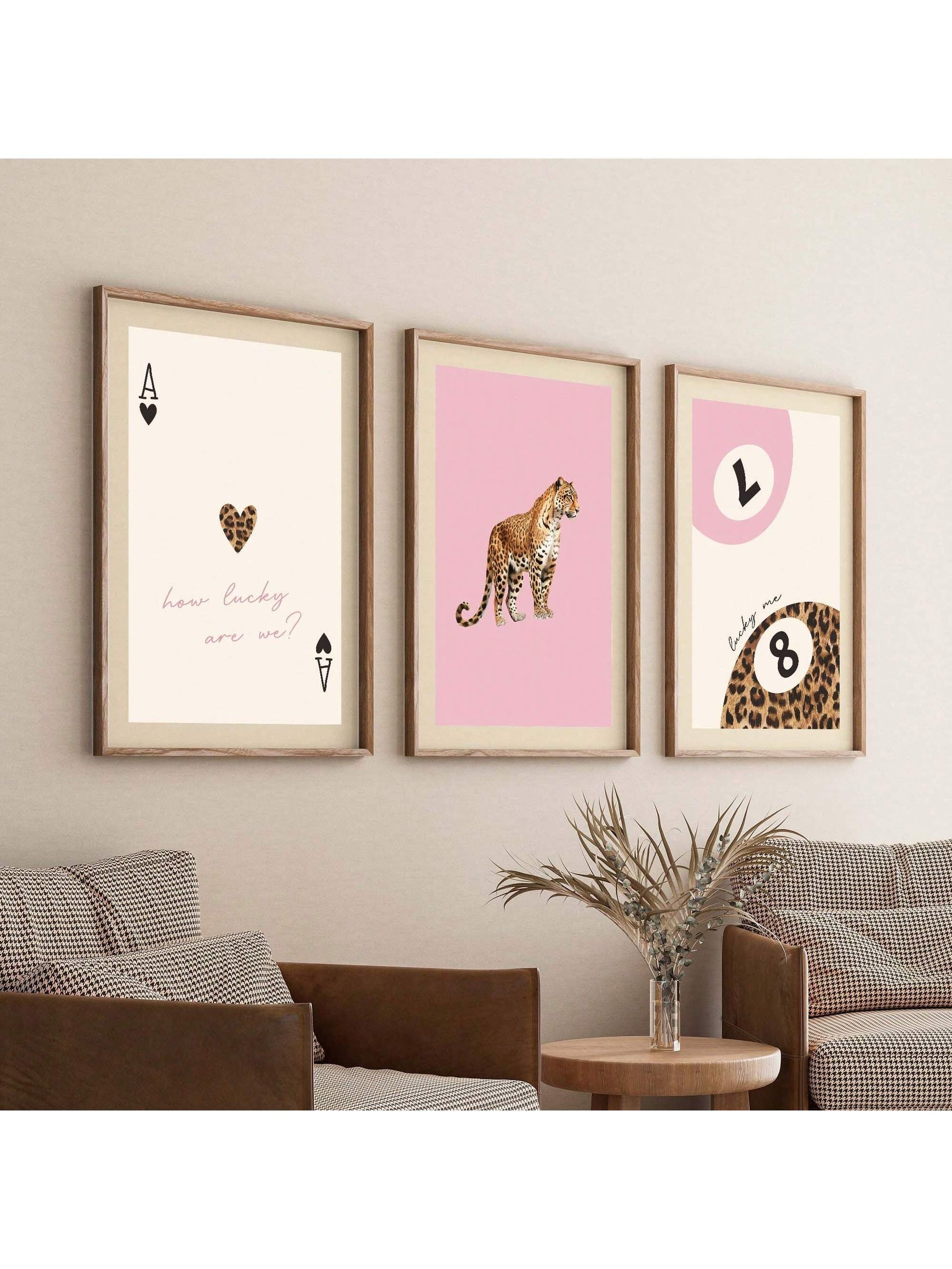 Preppy Leopard & Lucky 8 Ball Canvas Wall Art – Pink & Red Cheetah Prints (1/3Pcs, Unframed)