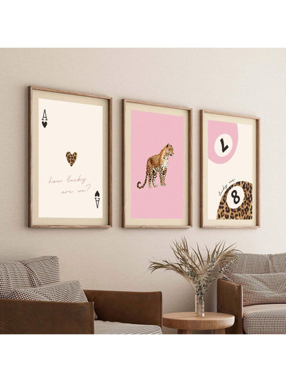 Preppy Leopard & Lucky 8 Ball Canvas Wall Art – Pink & Red Cheetah Prints (1/3Pcs, Unframed)