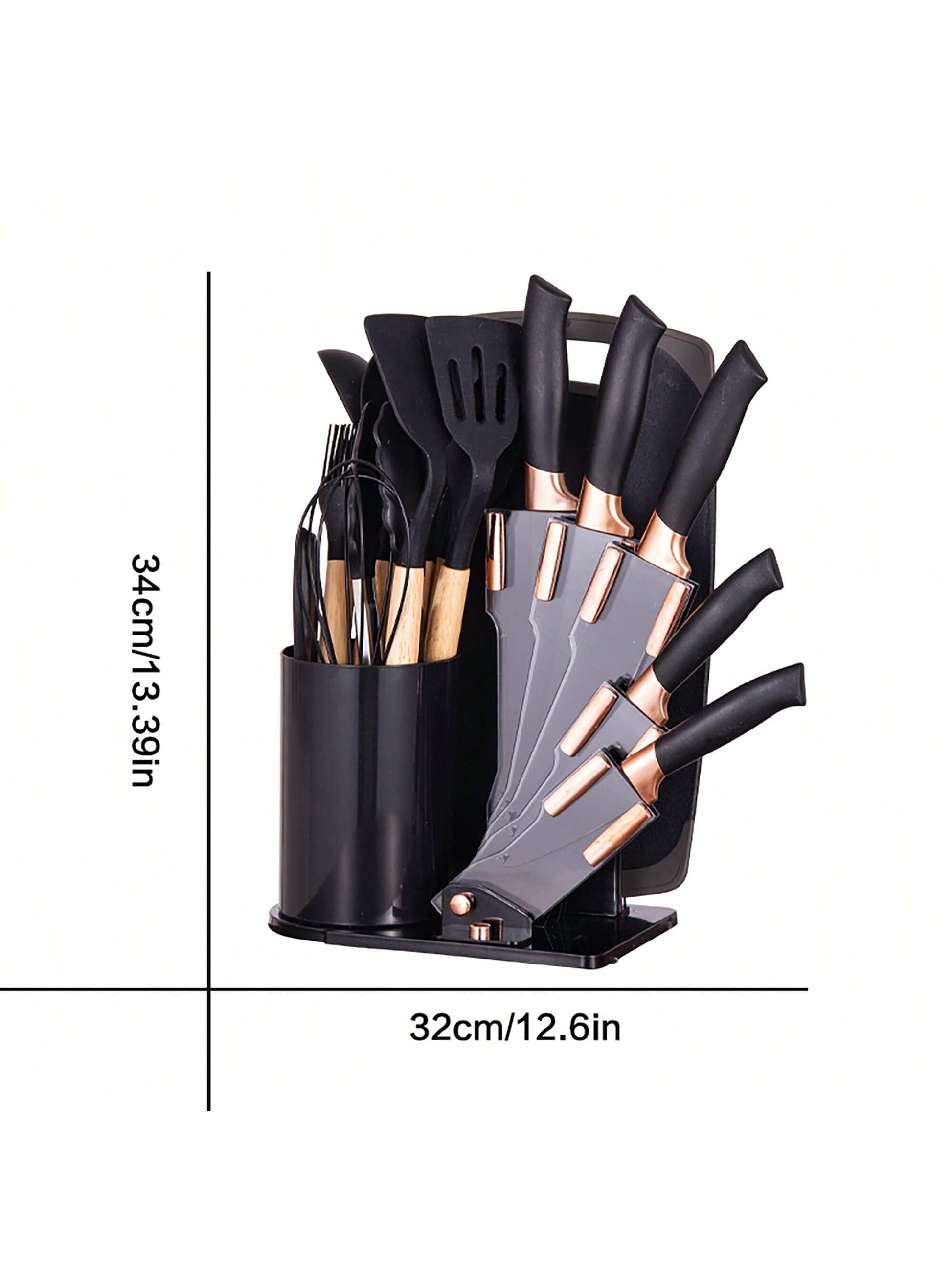 19-Piece Premium Silicone Kitchen Utensil & Knife Set – Heat-Resistant Tools with Wooden Handles + Chef Knives & Storage Stand, Black