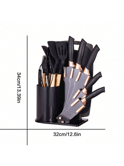 19-Piece Premium Silicone Kitchen Utensil & Knife Set – Heat-Resistant Tools with Wooden Handles + Chef Knives & Storage Stand, Black