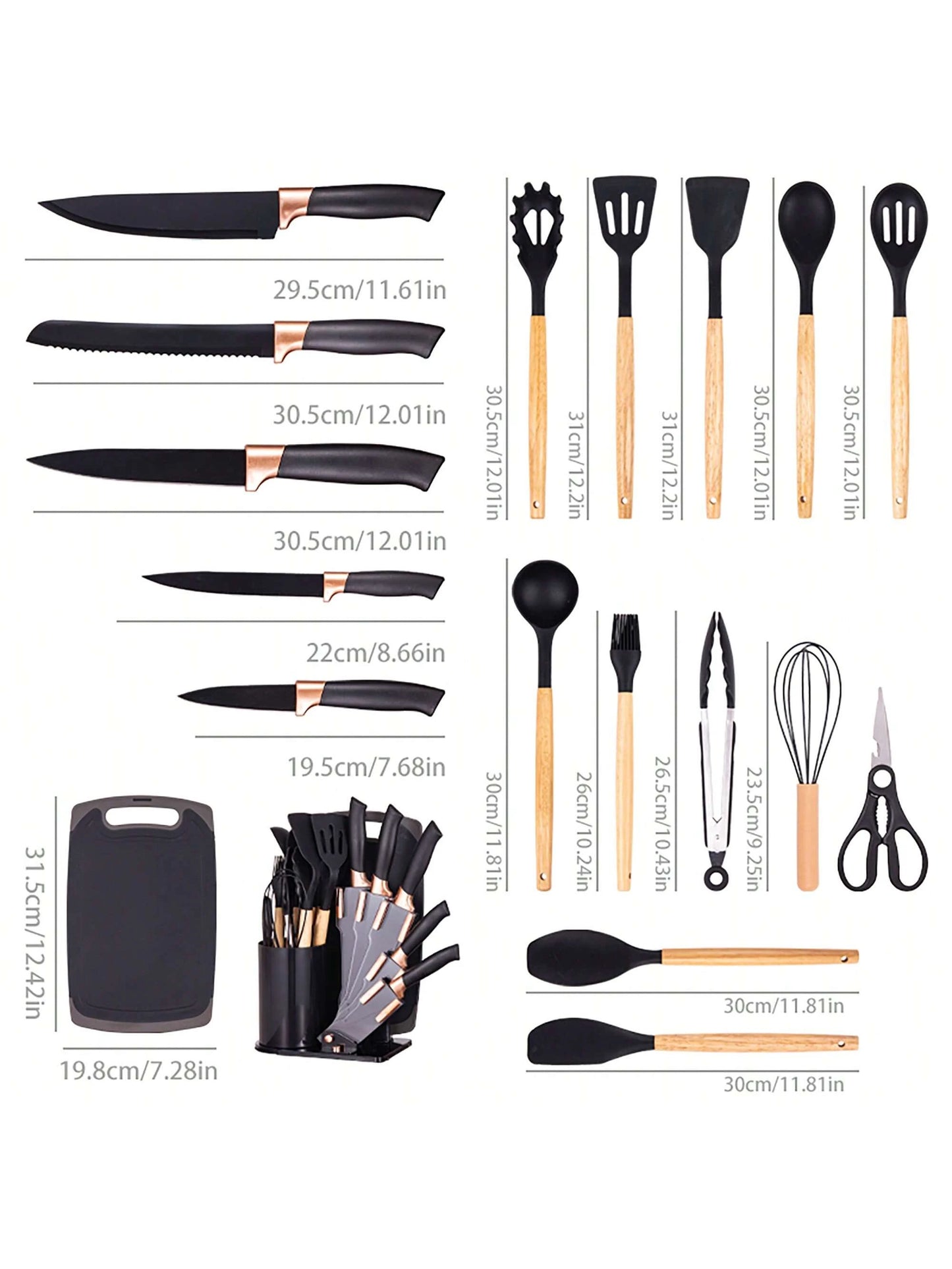 19-Piece Premium Silicone Kitchen Utensil & Knife Set – Heat-Resistant Tools with Wooden Handles + Chef Knives & Storage Stand, Black