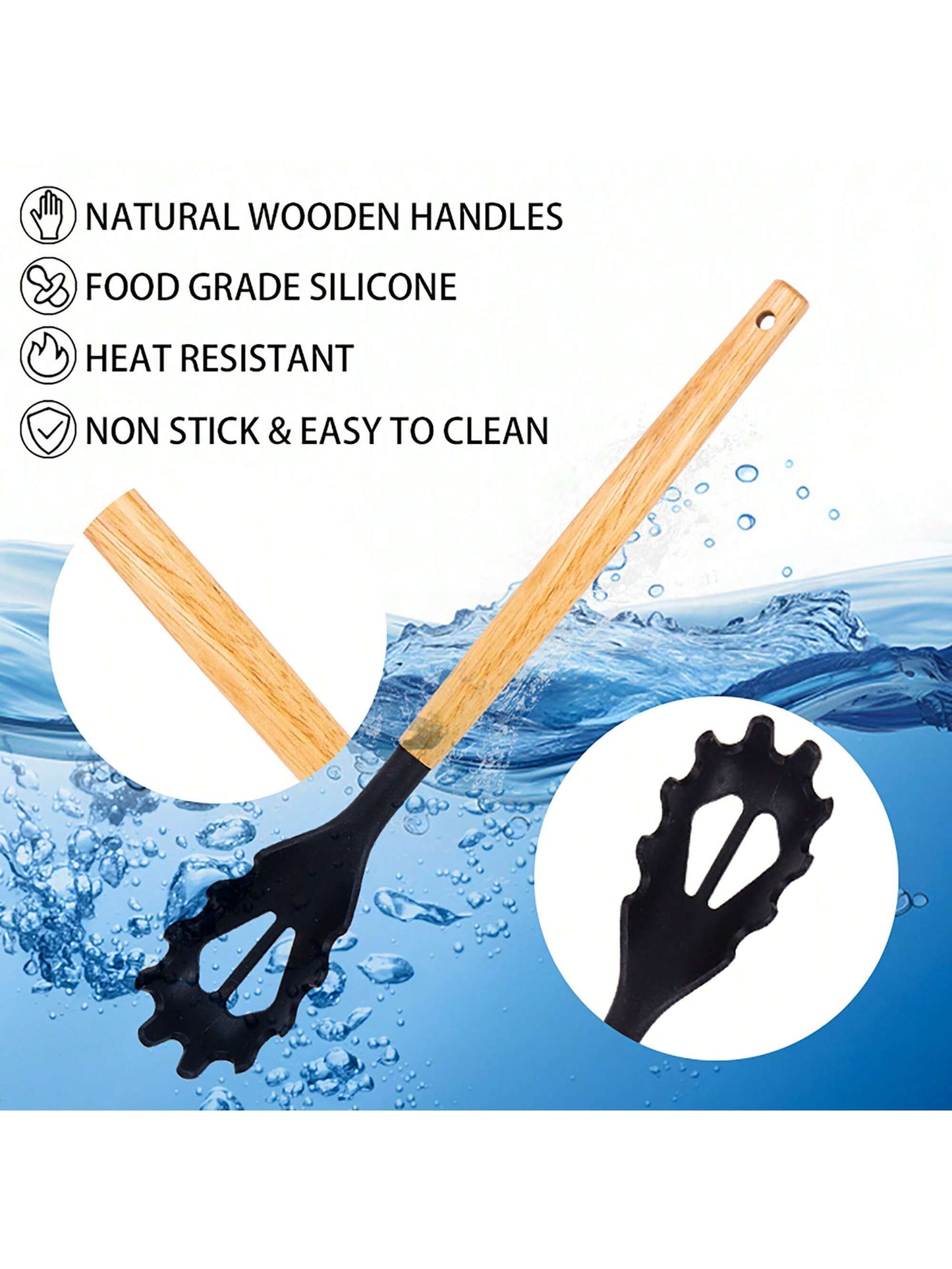 19-Piece Premium Silicone Kitchen Utensil & Knife Set – Heat-Resistant Tools with Wooden Handles + Chef Knives & Storage Stand, Black