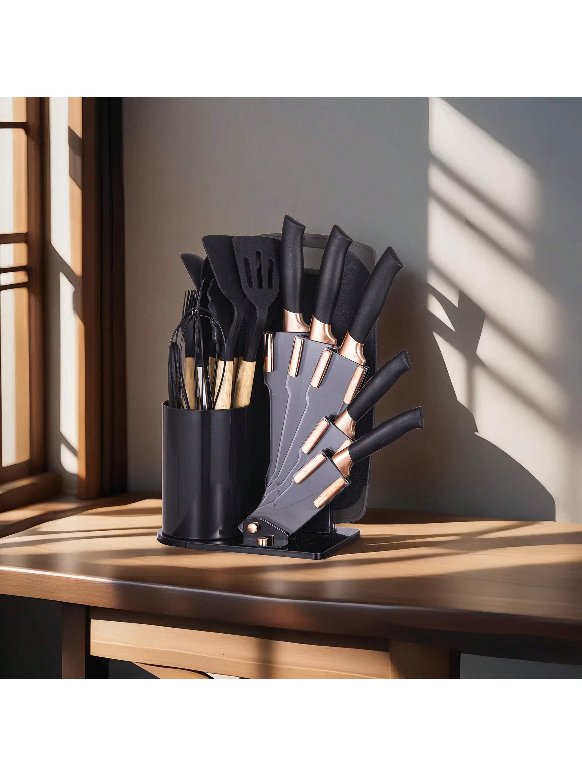 19-Piece Premium Silicone Kitchen Utensil & Knife Set – Heat-Resistant Tools with Wooden Handles + Chef Knives & Storage Stand, Black