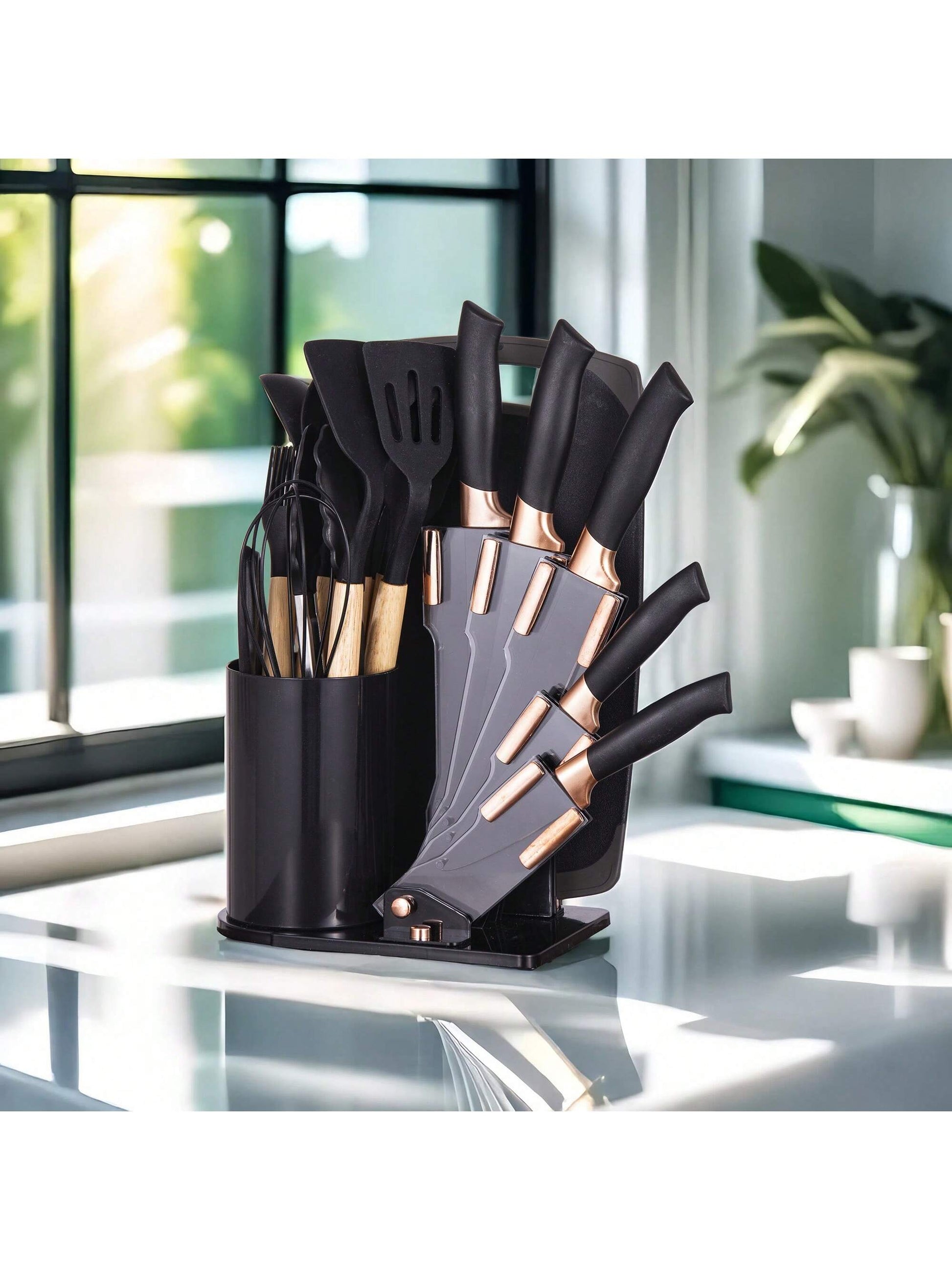 19-Piece Premium Silicone Kitchen Utensil & Knife Set – Heat-Resistant Tools with Wooden Handles + Chef Knives & Storage Stand, Black