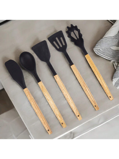 19-Piece Premium Silicone Kitchen Utensil & Knife Set – Heat-Resistant Tools with Wooden Handles + Chef Knives & Storage Stand, Black