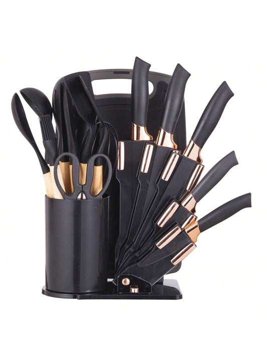 19-Piece Premium Silicone Kitchen Utensil & Knife Set – Heat-Resistant Tools with Wooden Handles + Chef Knives & Storage Stand, Black