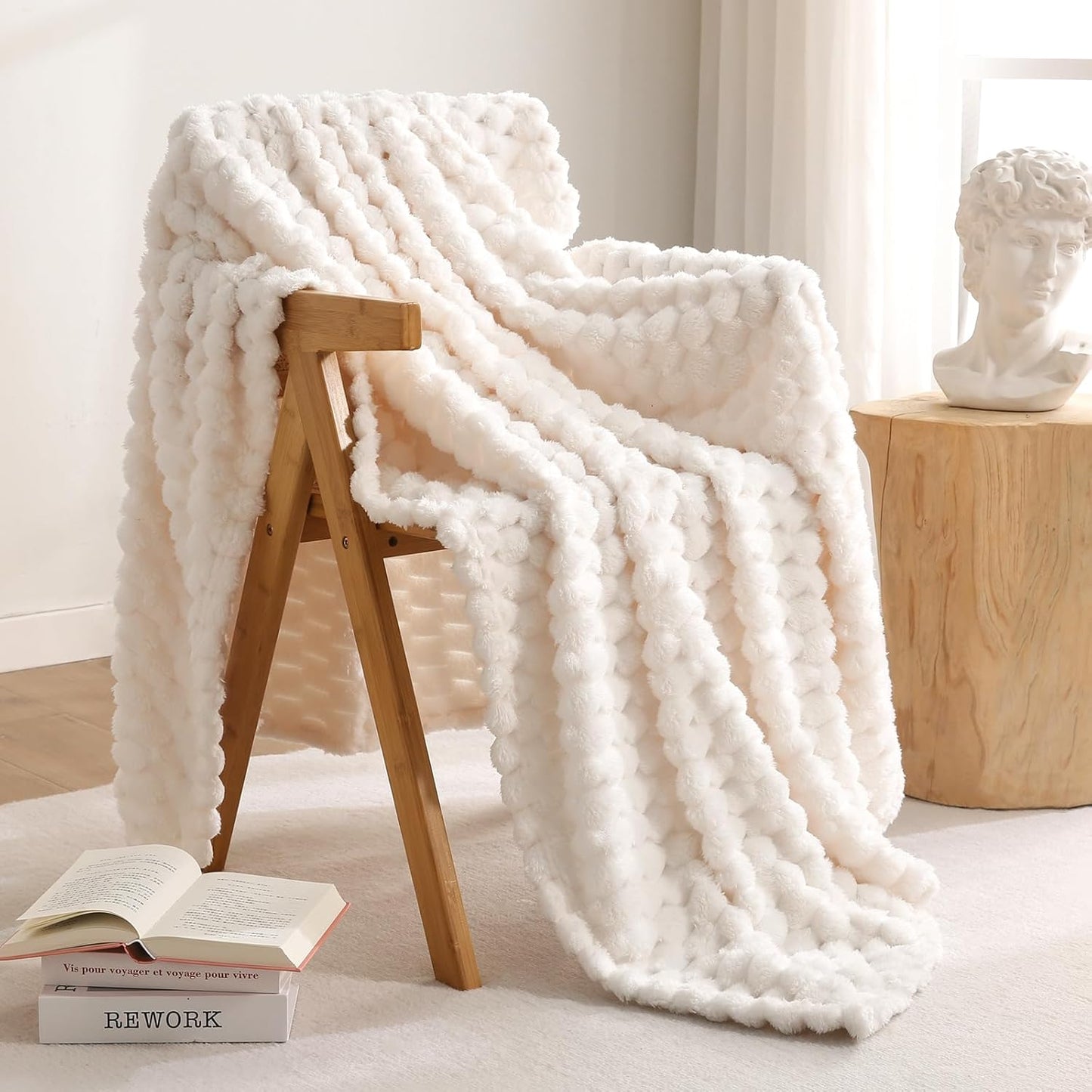 Flannel Fleece Throw Blanket(50X70 Inches), Big 3D Clouds Stylish Hexagon Jacquard Decorative Fuzzy Blankets for Household, Camping, and Travel, Super Soft Cozy, Burnt Orange
