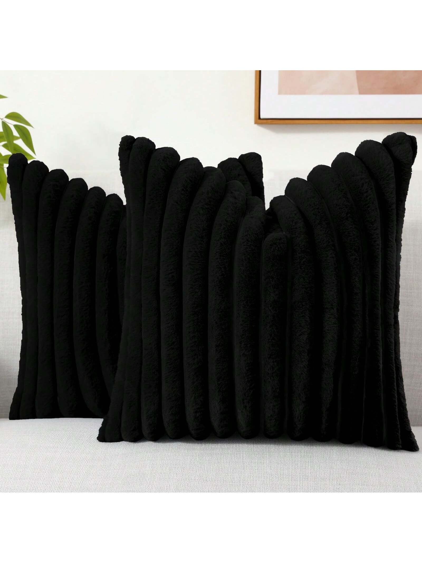 Black Faux Fur Velvet Pillow Covers – Soft Striped Decorative Cushion Cases for Couch or Bed