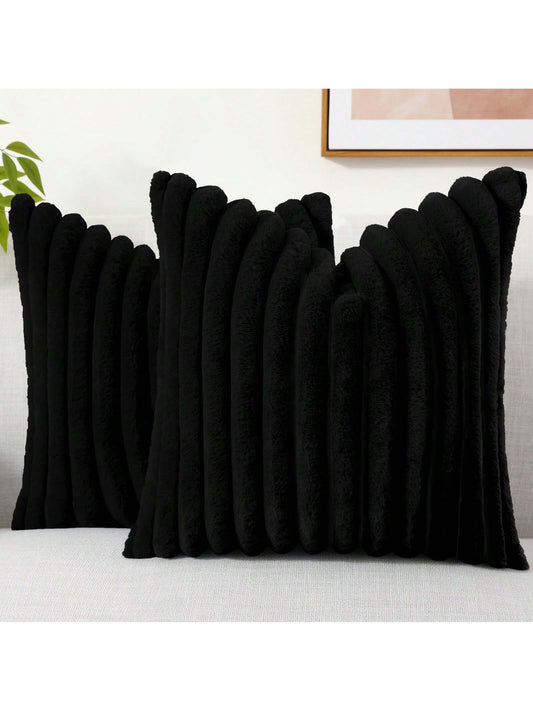 Black Faux Fur Velvet Pillow Covers – Soft Striped Decorative Cushion Cases for Couch or Bed
