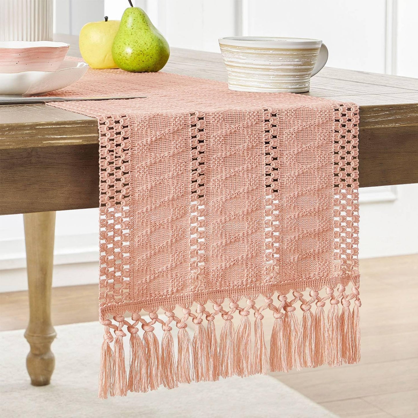 Macrame Style Boho Table Runner – Burnt Ochre (12x48”), Farmhouse Woven Fall Decor with Fringed Edges
