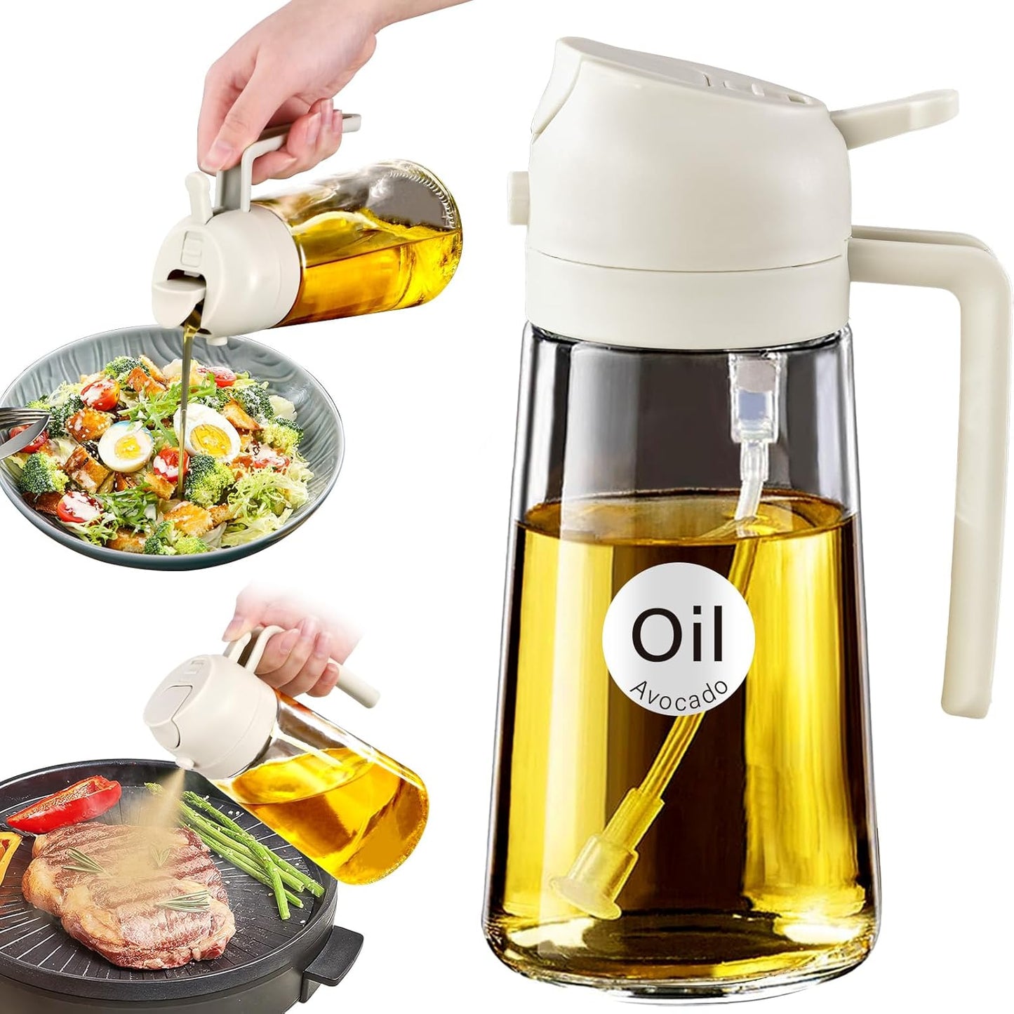 2-in-1 Olive Oil Dispenser & Sprayer – 16oz Glass Bottle for Cooking, Salad, BBQ (Black)