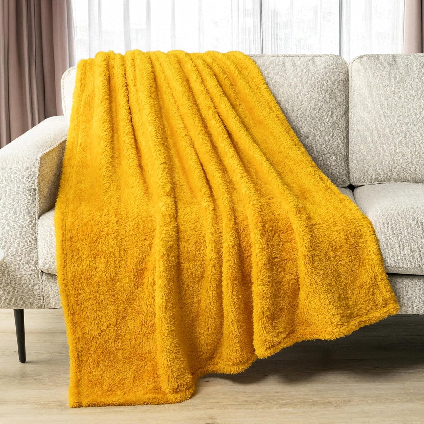 Yellow Gold Sherpa Fleece Throw Blanket – 50x60” Cozy, Lightweight & Plush Decorative Blanket for Sofa, Bed & Travel