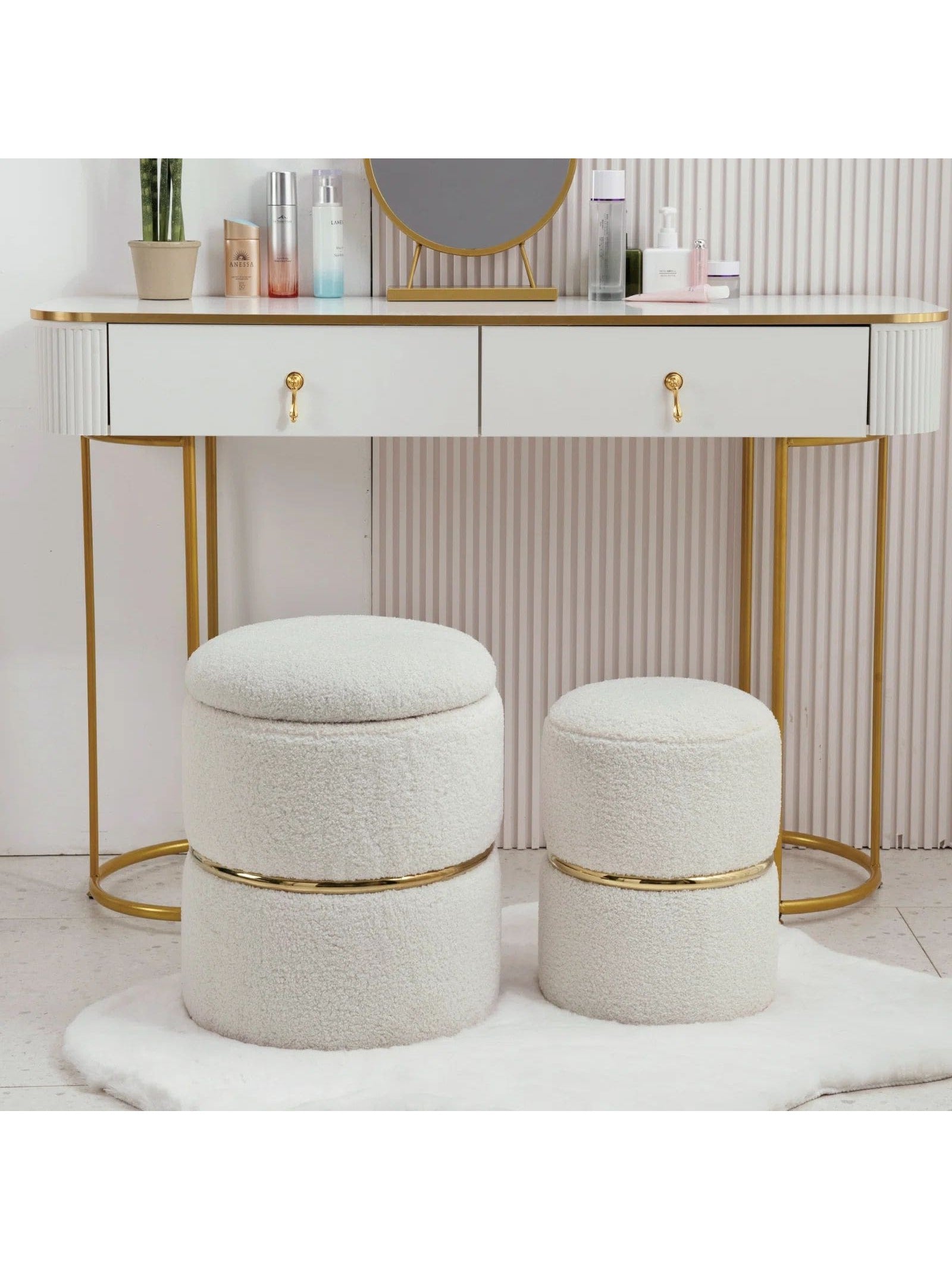 Set of 2 Round Sherpa Storage Ottomans – Plush Modern Footrest & Vanity Stool for Living Room or Bedroom